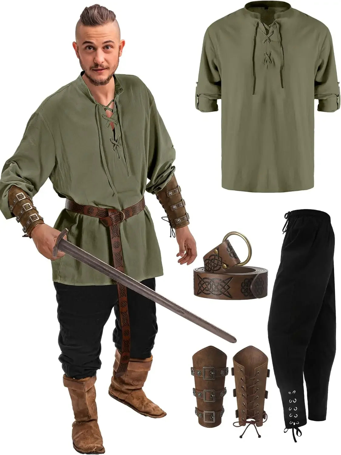 Conjunto masculino medieval de camisa e calça para cosplay de Halloween, com cinto viking