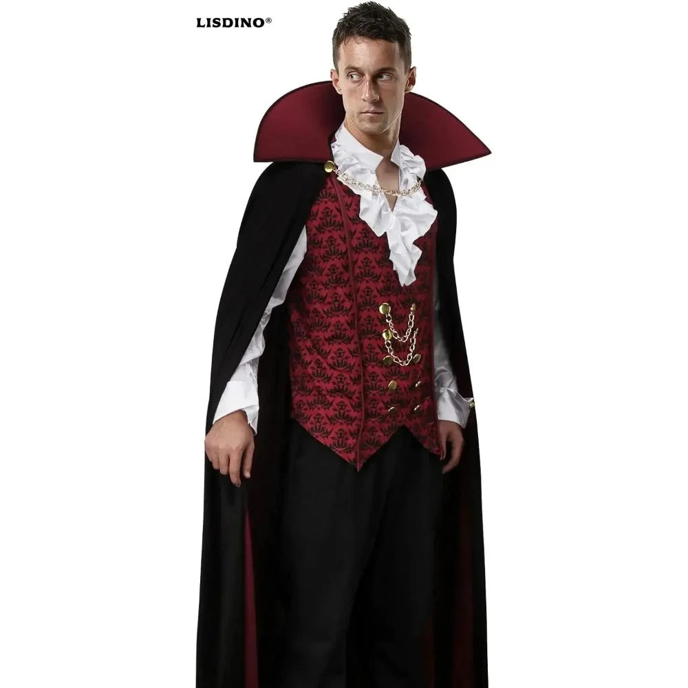 Fantasia masculina de vampiro gótico para Halloween, capa longa e camisa para adulto