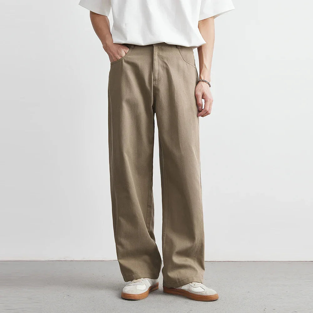 Herrebukser med brede ben, afslappet og stilfuldt design, twill i bomuld, flad front og lynlåslukning