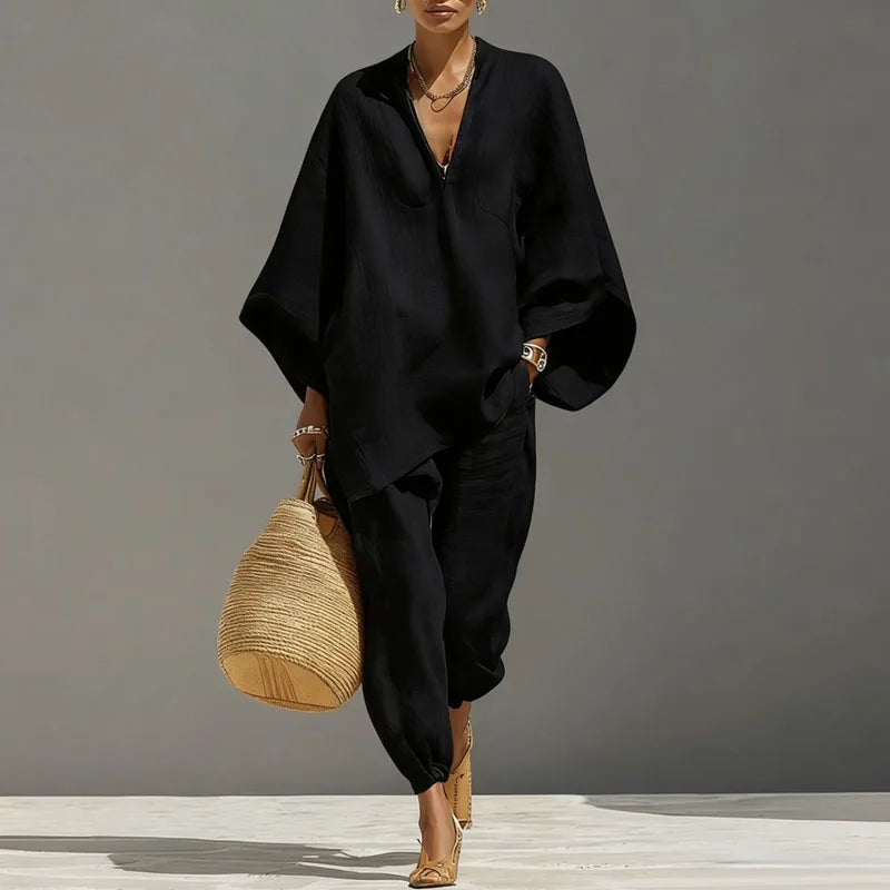 Ensemble pantalon pour femme - haut à encolure en V - vêtement de détente