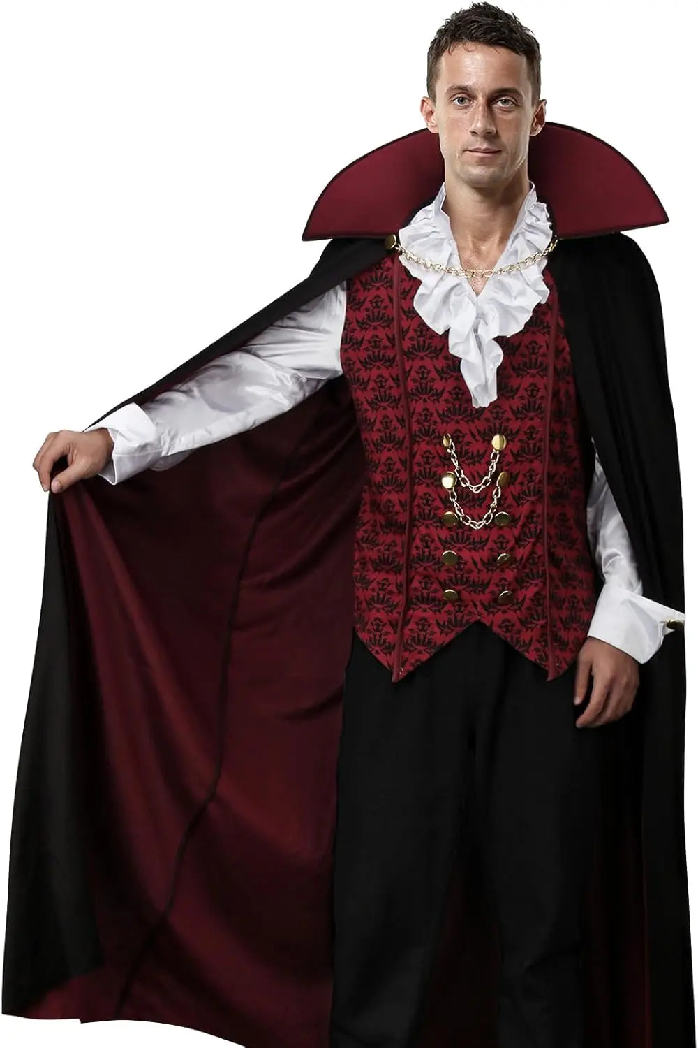 Fantasia masculina de vampiro gótico para Halloween, capa longa e camisa para adulto