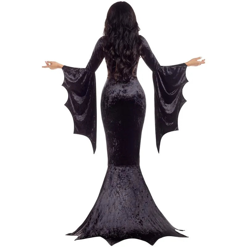 Dámské dlouhé gotické šaty na Halloween a cosplay s vlečkou a netopýřími rukávy