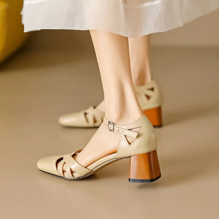 Open Sheepskin Pumps with Block Heel and Square Toe