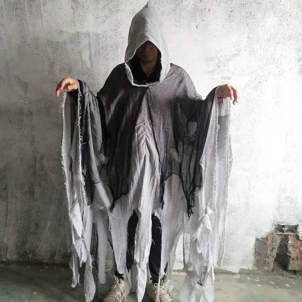 Pelerină mixtă fantomă zdrențuită pentru Halloween, cosplay, cu glugă, costum de groază