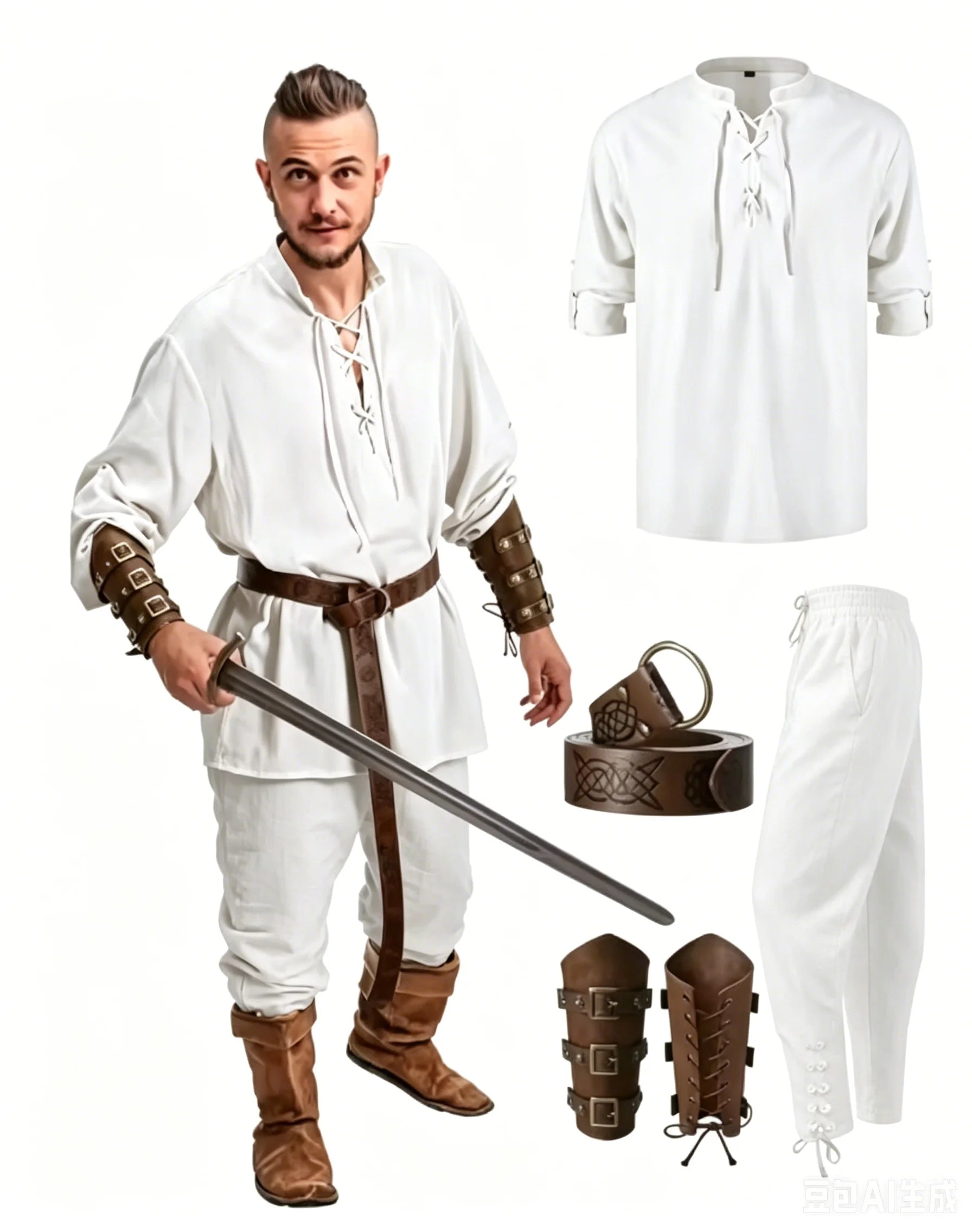 Conjunto masculino medieval de camisa e calça para cosplay de Halloween, com cinto viking