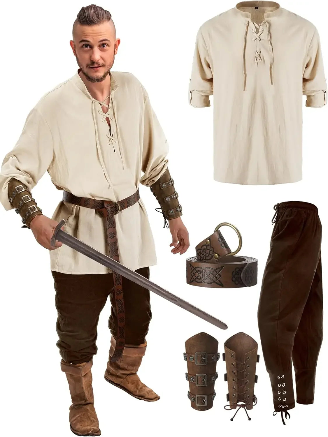 Conjunto masculino medieval de camisa e calça para cosplay de Halloween, com cinto viking