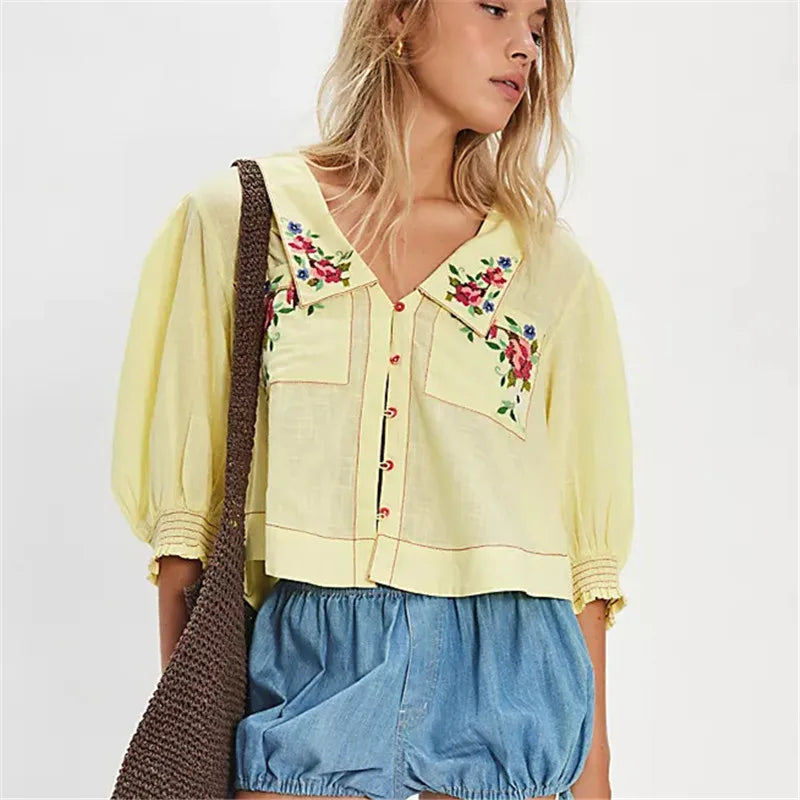Top corto da donna — misto lino cotone — ricamo floreale — estate