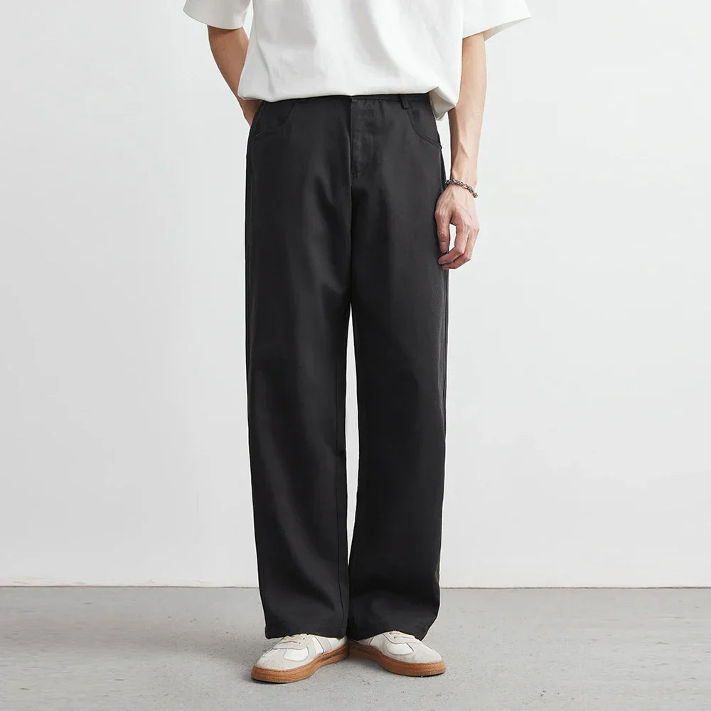 Herrebukser med brede ben, afslappet og stilfuldt design, twill i bomuld, flad front og lynlåslukning