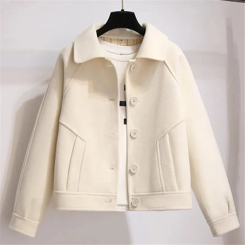 Chaqueta corta de mezcla de lana con cuello clásico y botones para mujer