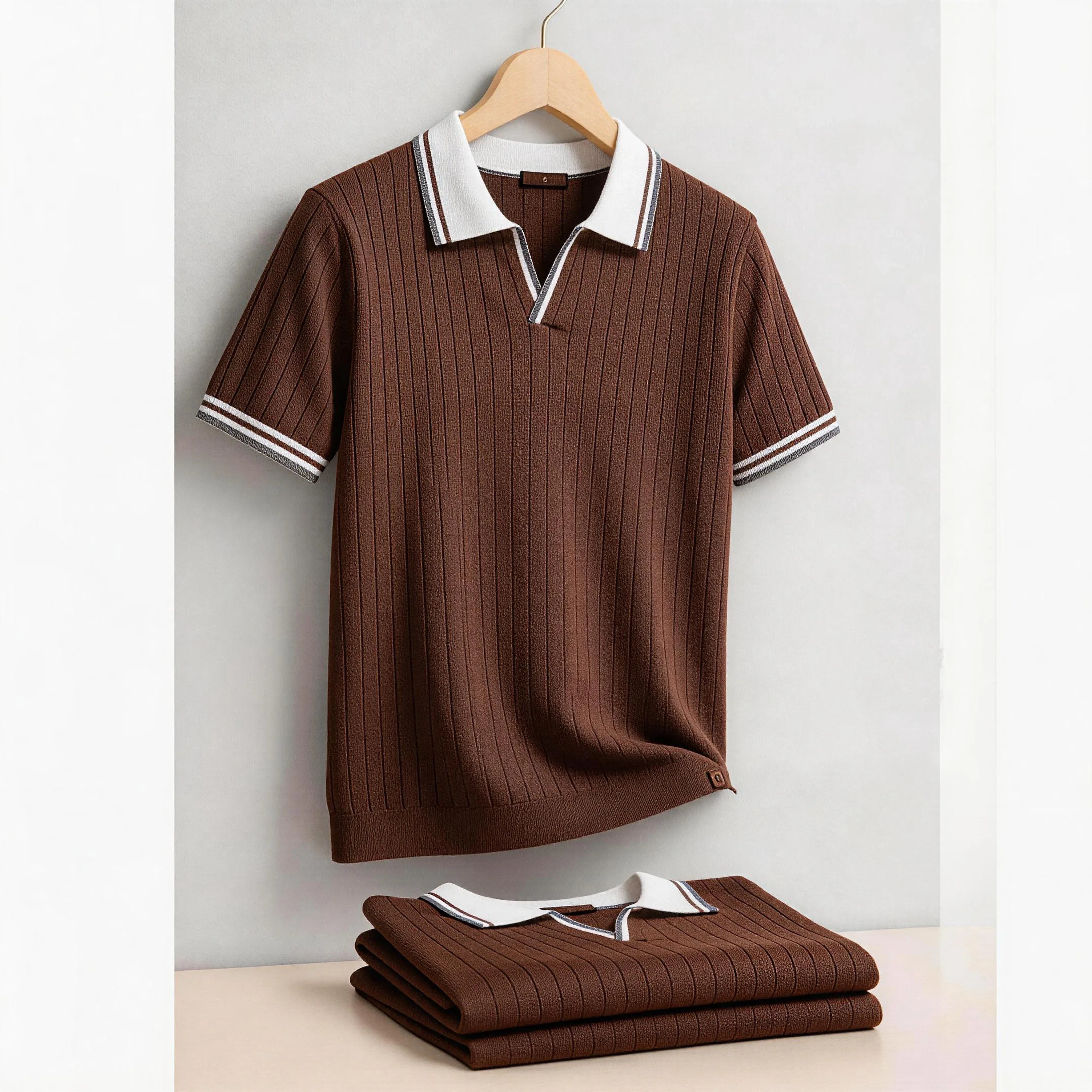 Herrepolo i bomuldstrik — kontrastkrave — retro chic stil