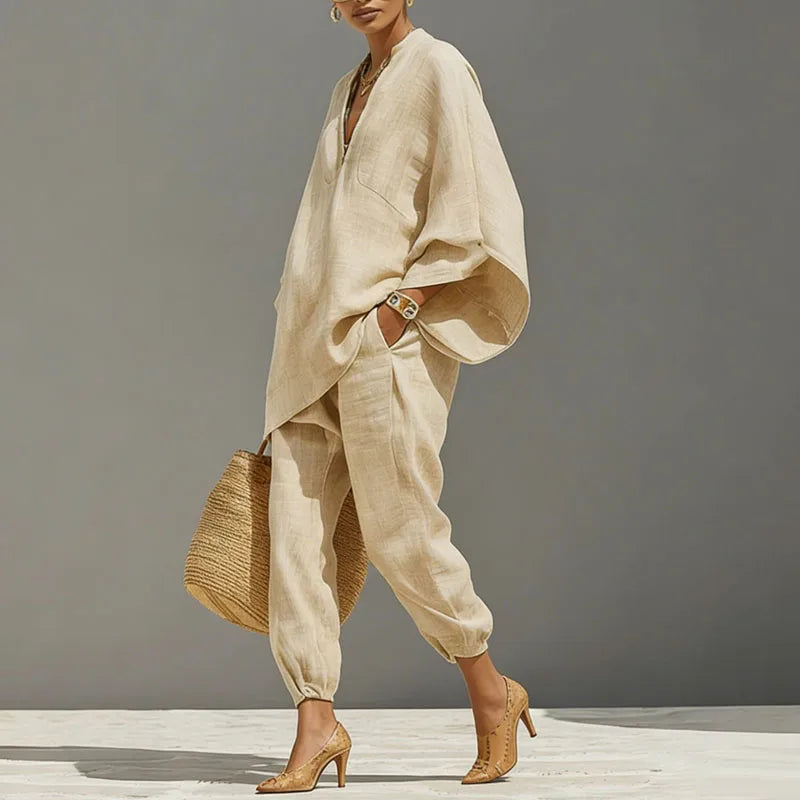 Ensemble pantalon pour femme - haut à encolure en V - vêtement de détente