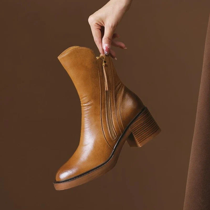 Botinas femininas de salto para a noite, couro, zíper metálico, sola antiderrapante, conforto