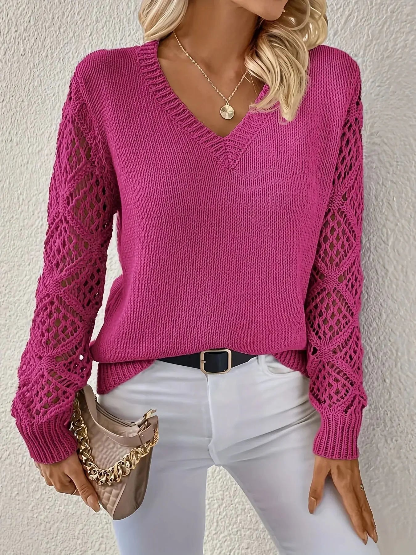 Women’s V-Neck Pullover, Chic Casual Style, Long Sleeves, Openwork Knit, Soft Breathable Fabric