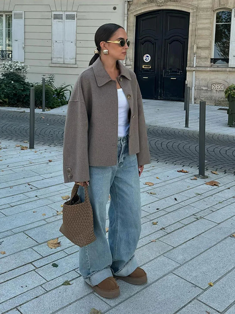 Woolmix Single-Breasted Jacket with Lapels and Pleated Pockets for Women