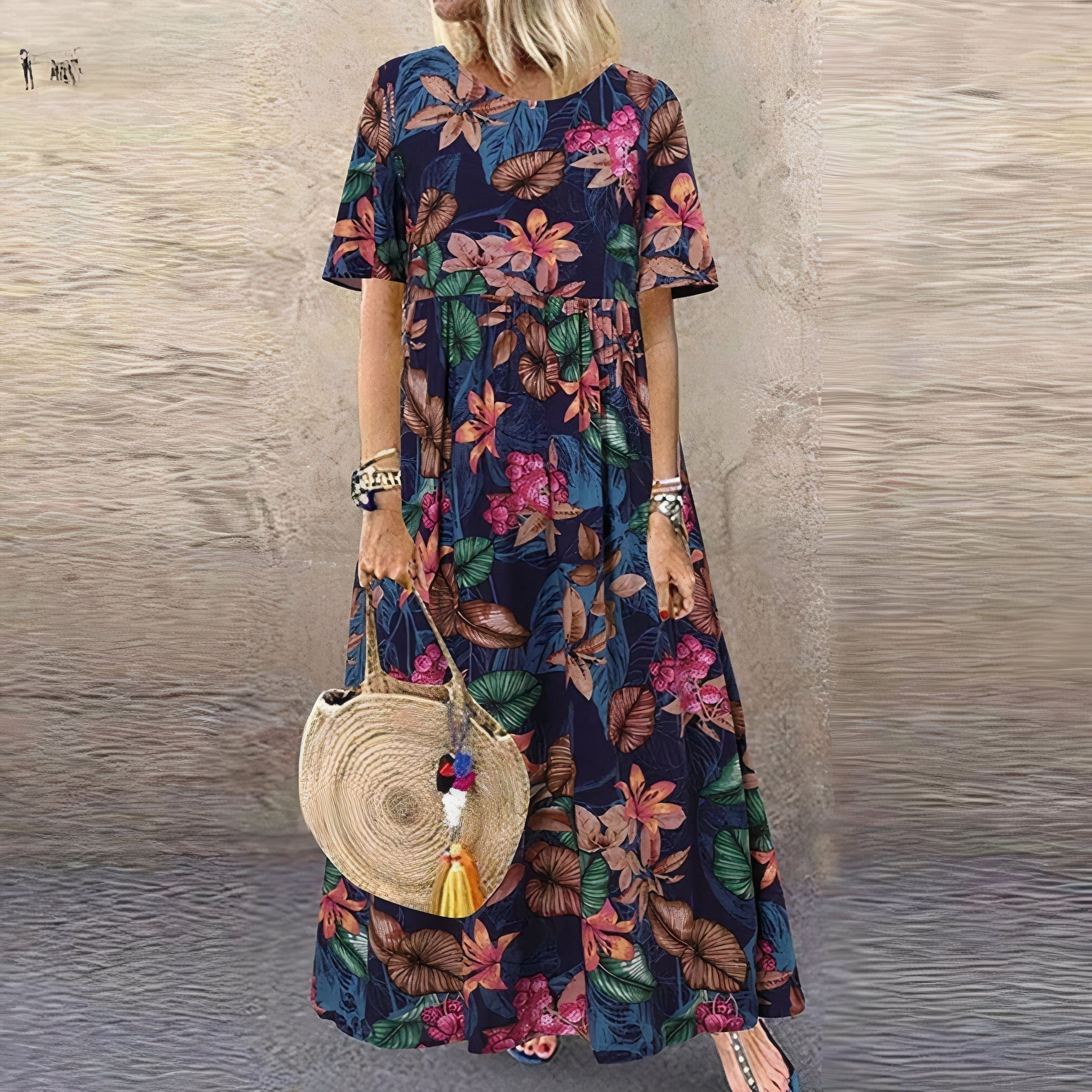 Robe Maxi à Imprimé Floral et Col Rond pour Femme au Style Bohème