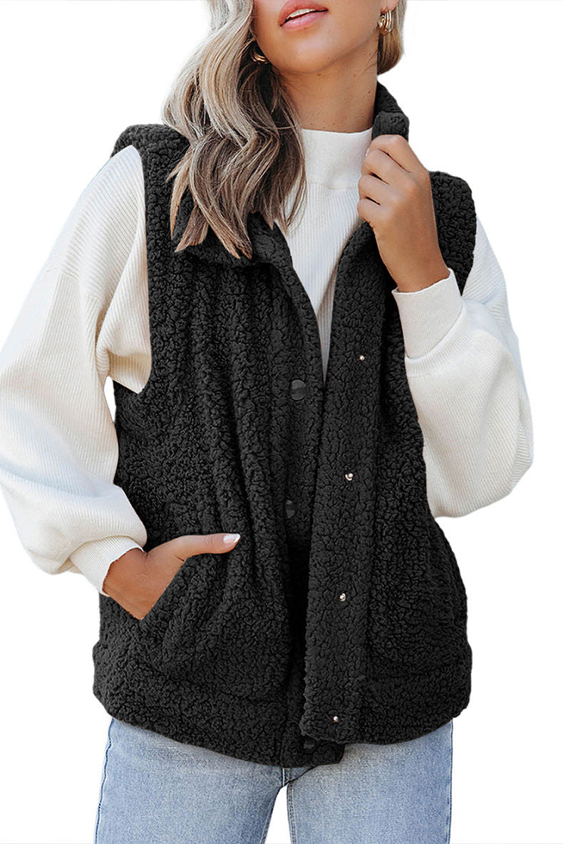 Gilet Sans Manches en Maille Teddy avec Boutons et Col Montant pour Femme
