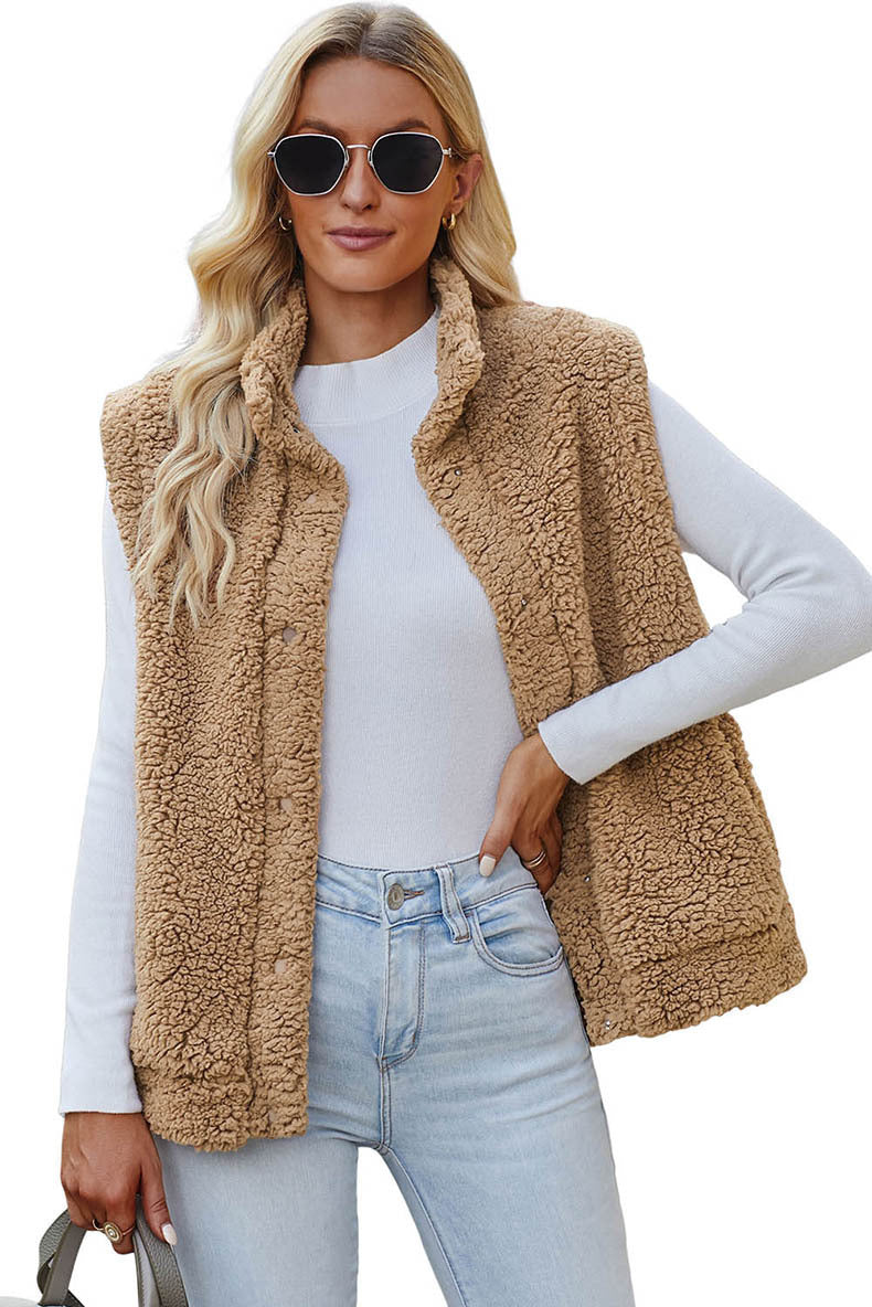 Gilet Sans Manches en Maille Teddy avec Boutons et Col Montant pour Femme