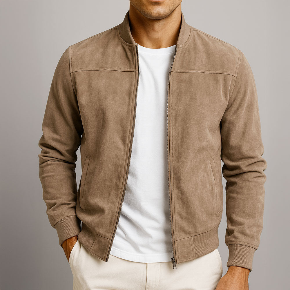 Blouson en suédine pour homme avec fermeture zippée et col montant classique