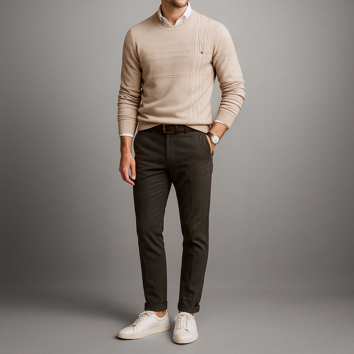 Homme Pull Quotidien Coupe Slim Tricot Côtelé Col Rond Coton Souple Chaud Léger