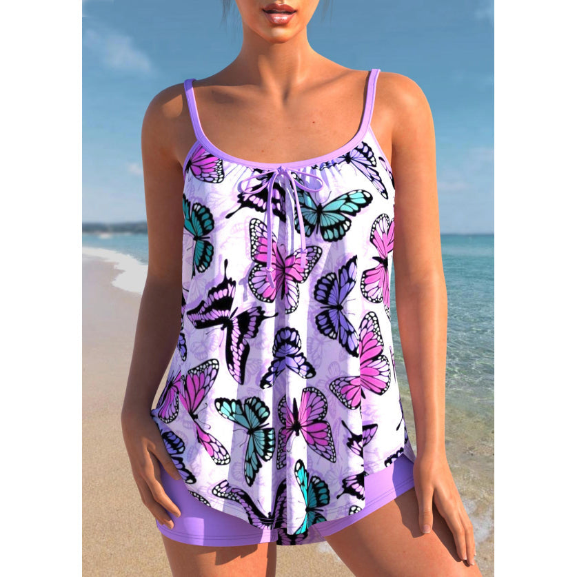 Maillot de Bain Tankini Taille Haute avec Haut Évasé et Short de Natation