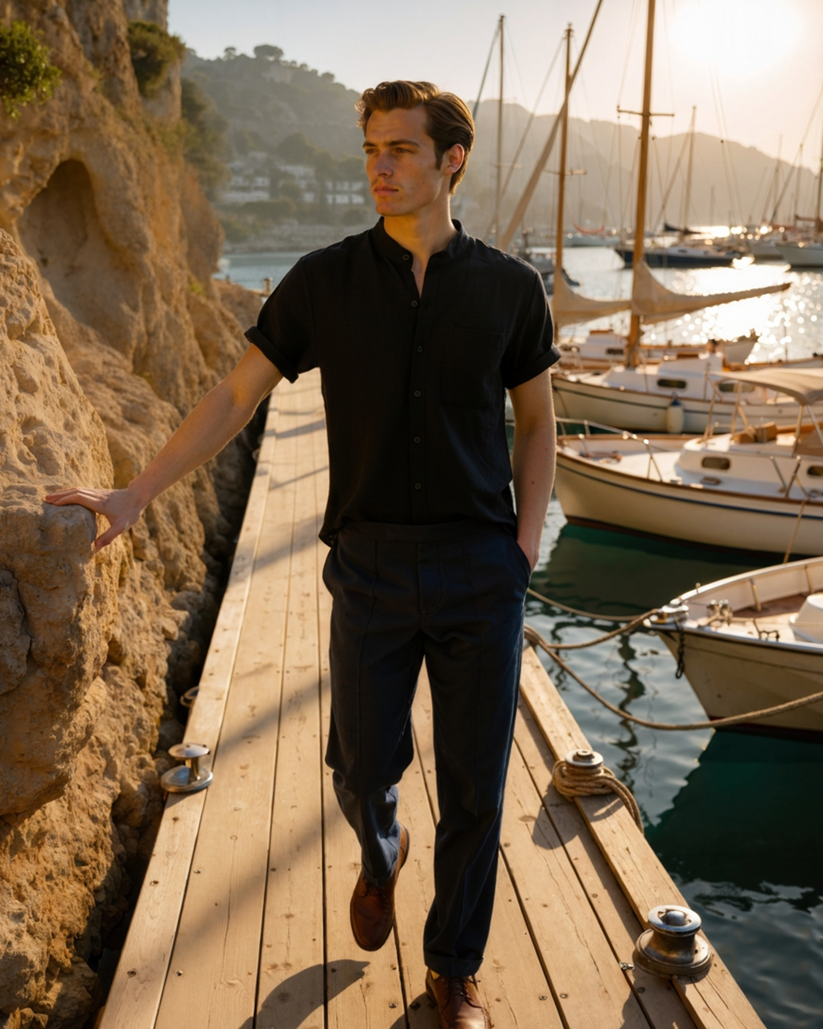 Chemise à Col Mandarin en Mélange de Coton pour Homme avec Manches Courtes
