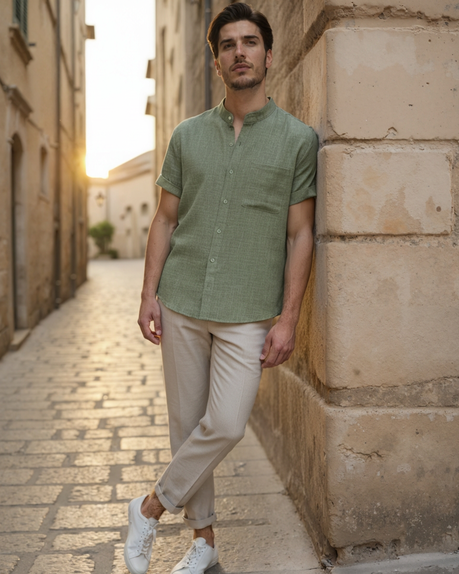 Chemise à Col Mandarin en Mélange de Coton pour Homme avec Manches Courtes