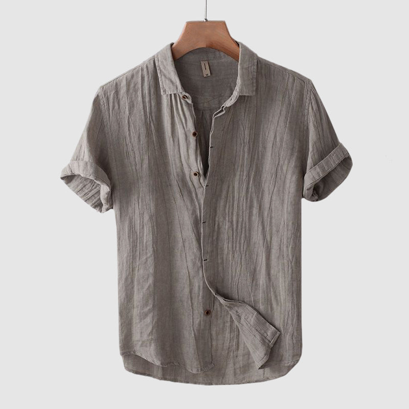 Chemise en Lin à Manches Courtes avec Col Rabattu et Boutonnage Simple pour Homme