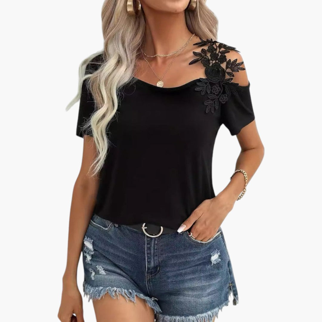 T-shirt Femme à Encolure Large avec Applique Florale en Dentelle et Manches Courtes
