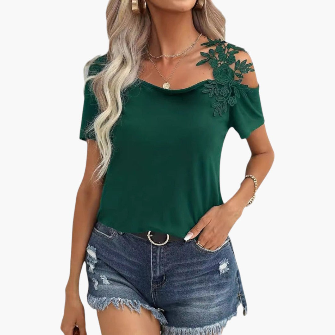 T-shirt Femme à Encolure Large avec Applique Florale en Dentelle et Manches Courtes