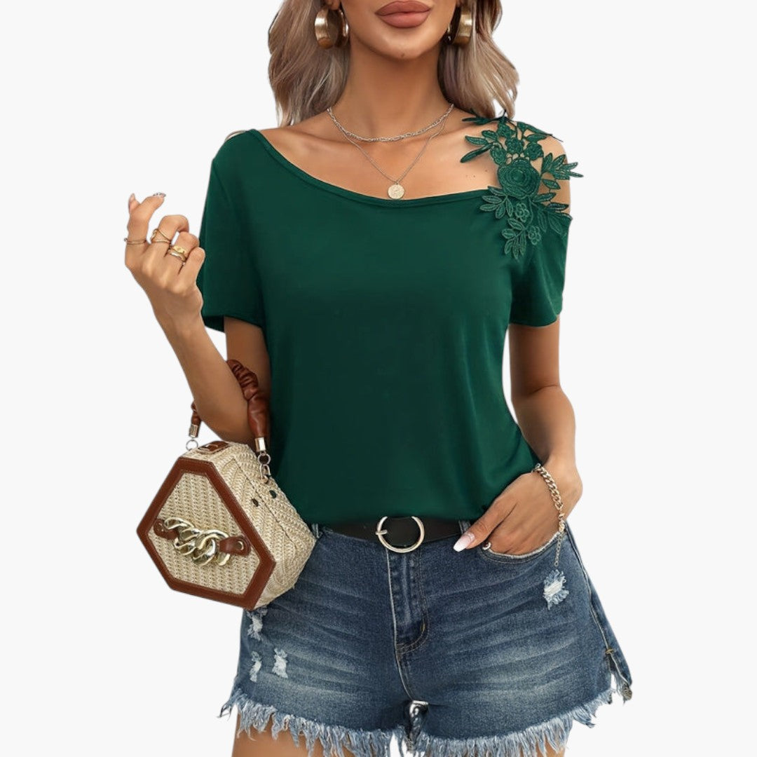 T-shirt Femme à Encolure Large avec Applique Florale en Dentelle et Manches Courtes