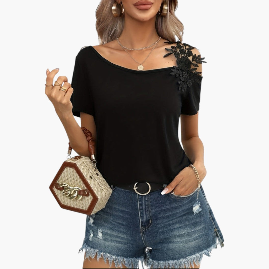 T-shirt Femme à Encolure Large avec Applique Florale en Dentelle et Manches Courtes