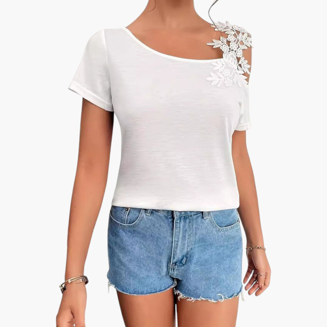 T-shirt Femme à Encolure Large avec Applique Florale en Dentelle et Manches Courtes