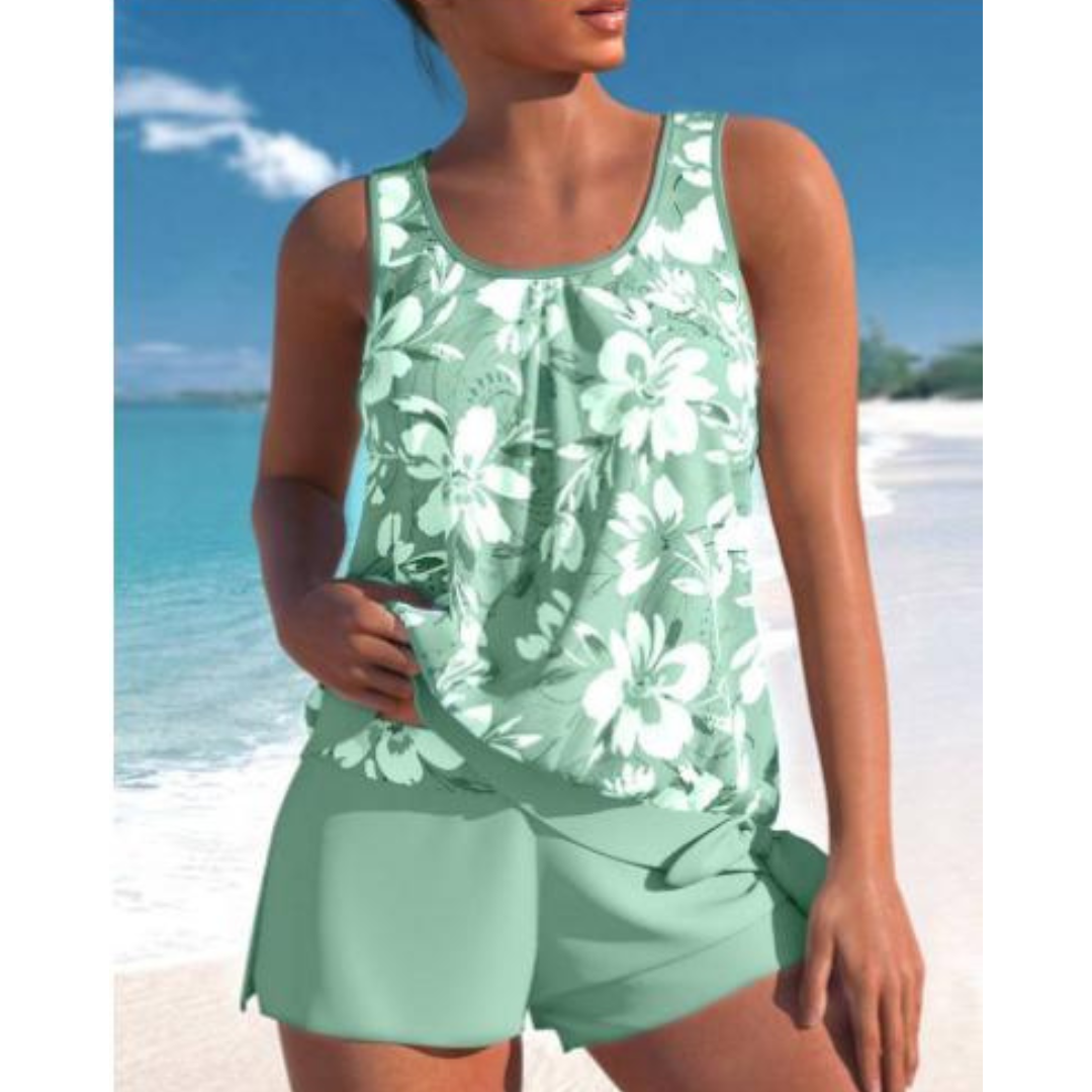 Completo Tankini con Stampa Floreale con Shorty da Bagno e Top senza Maniche