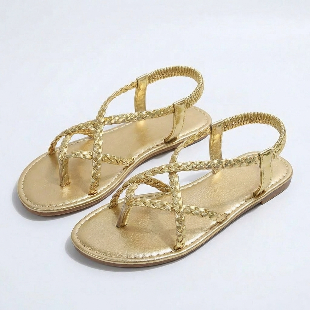 Sandales Plates à Brides Tressées et Entre-doigt pour Femme