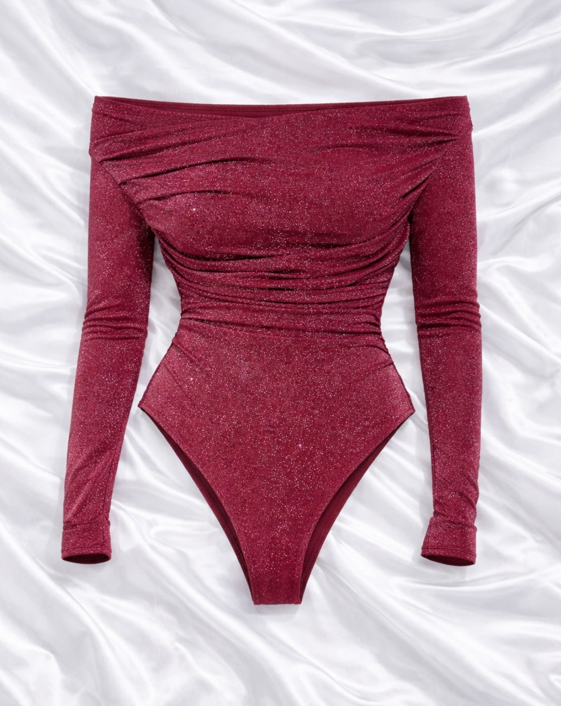 Body a maniche lunghe in maglia metallica con scollo Bardot