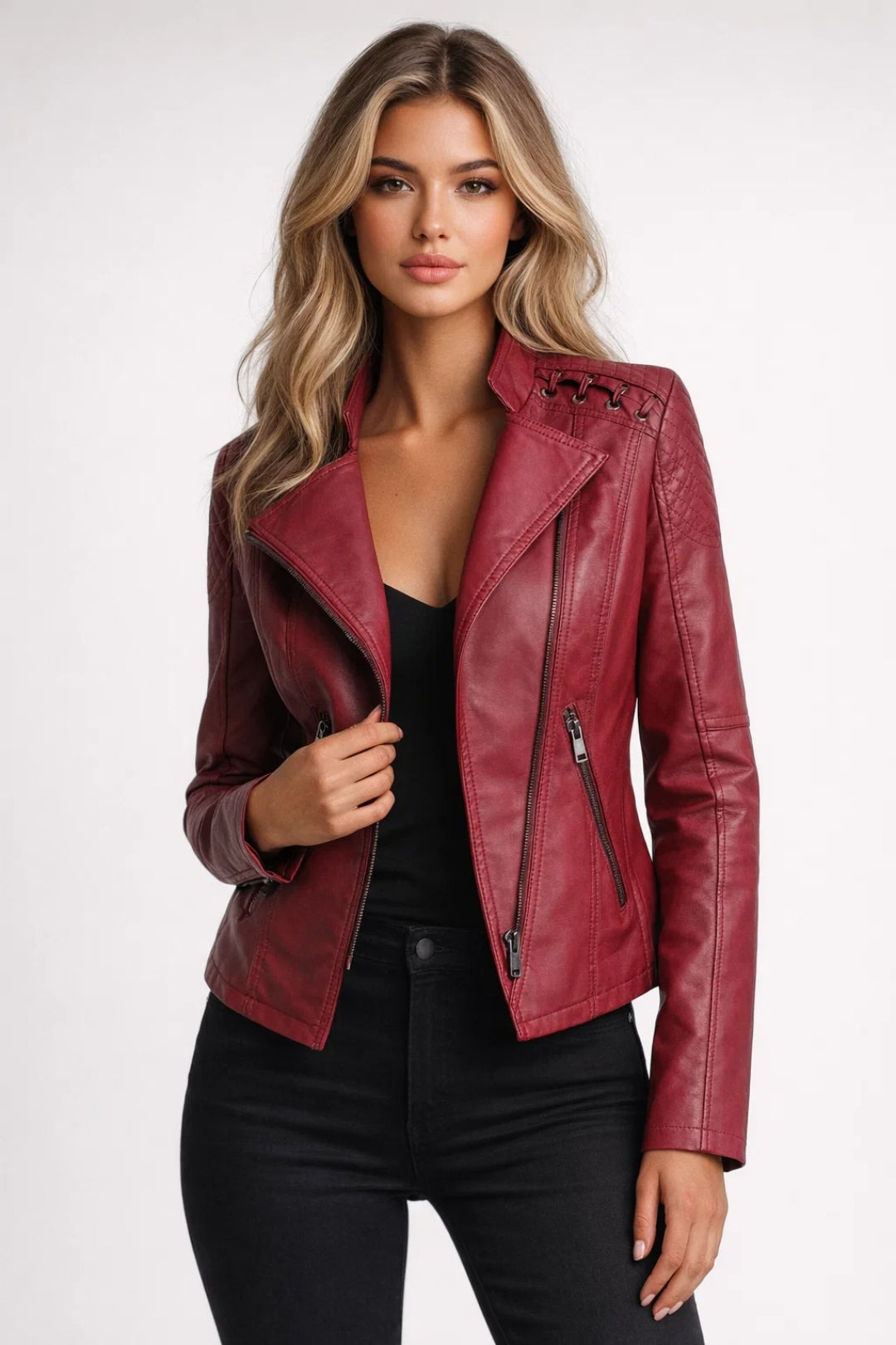 Blouson Moto en Similicuir avec Fermeture Éclair et Col Rabattu pour Femme