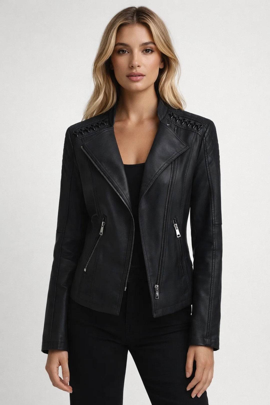Blouson Moto en Similicuir avec Fermeture Éclair et Col Rabattu pour Femme