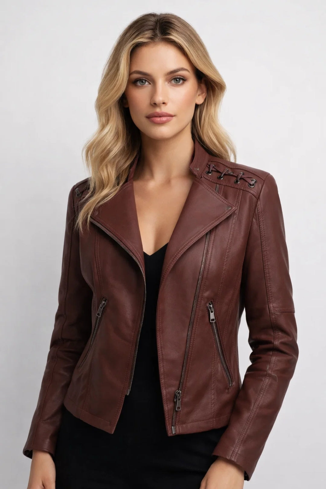 Blouson Moto en Similicuir avec Fermeture Éclair et Col Rabattu pour Femme
