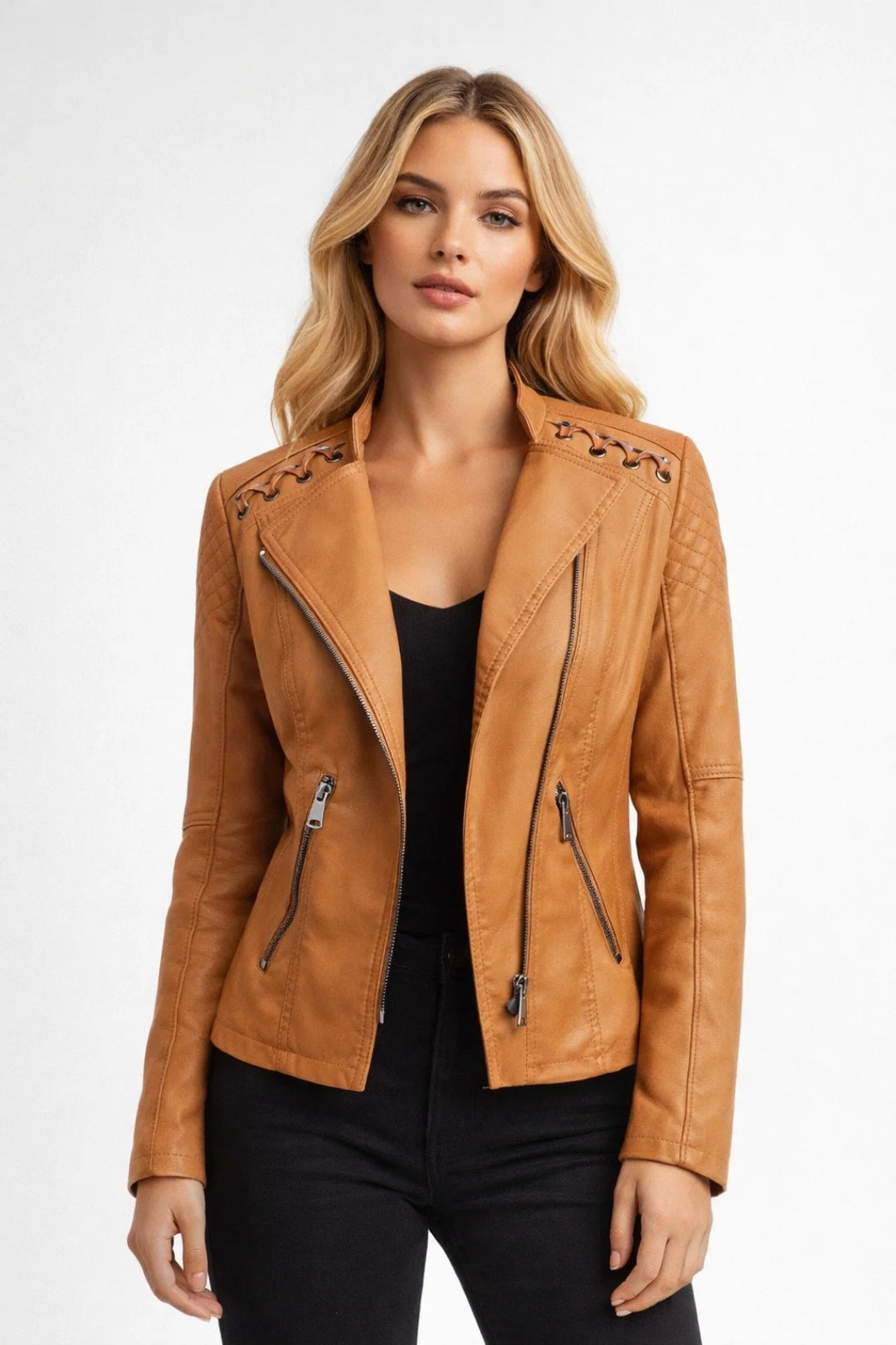 Blouson Moto en Similicuir avec Fermeture Éclair et Col Rabattu pour Femme