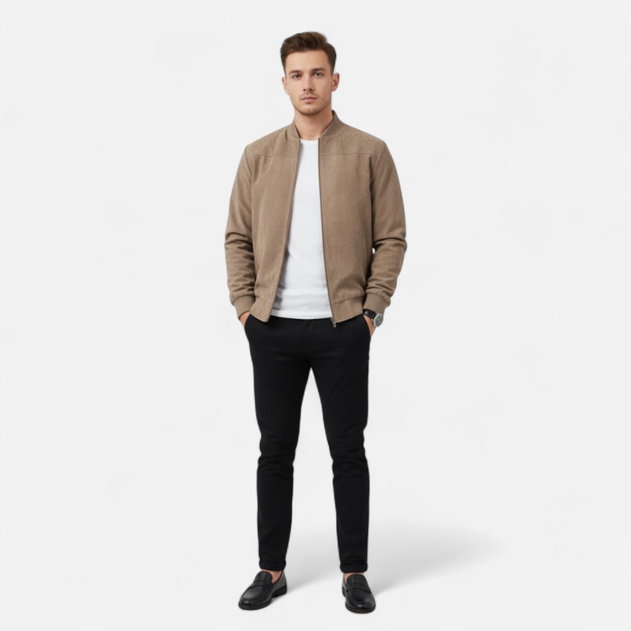 Velclairemode | Men's Beige Velvet Zip-Up Jacket Spring-Autumn