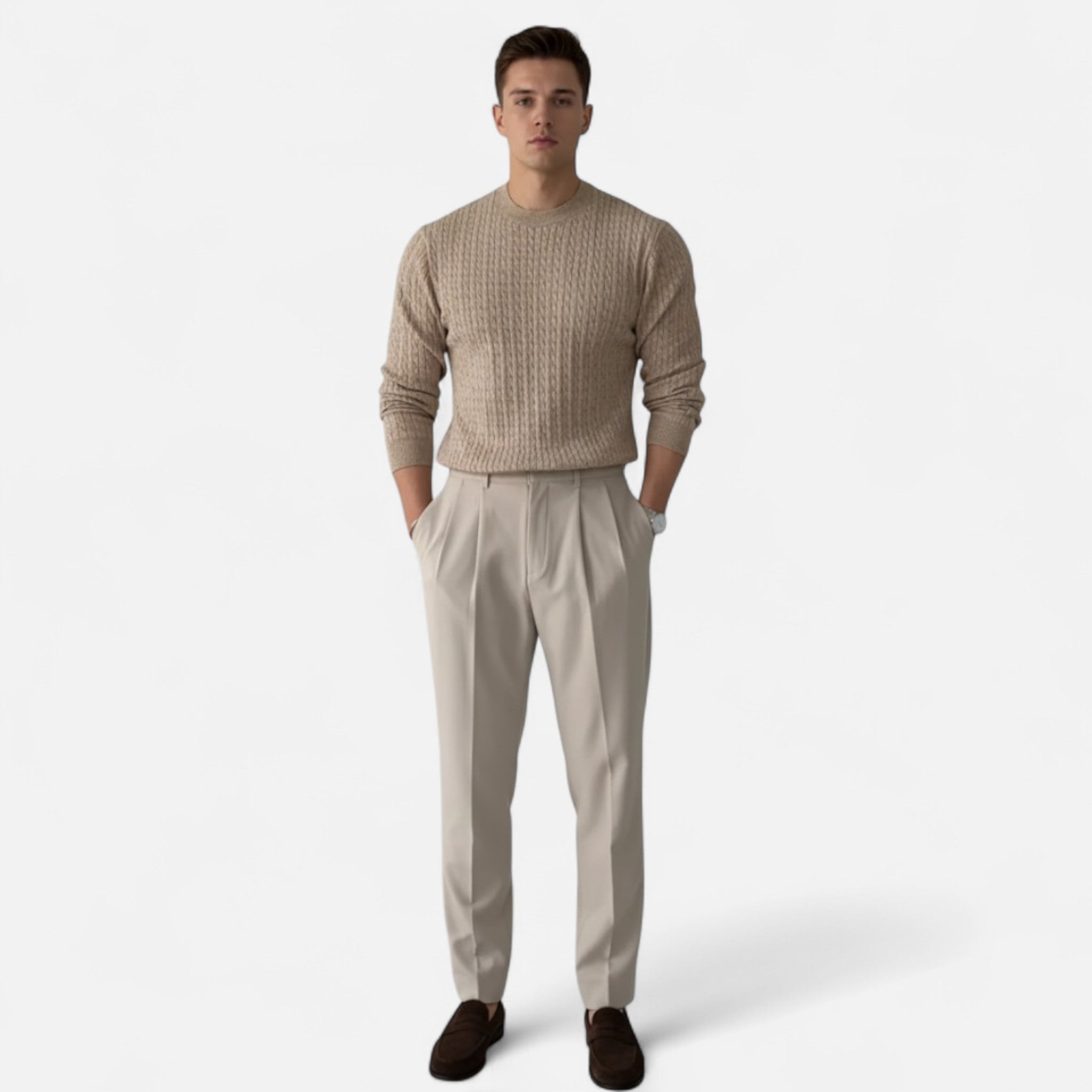 Velclairemode | Men's Cable Knit Crew Neck Sweater