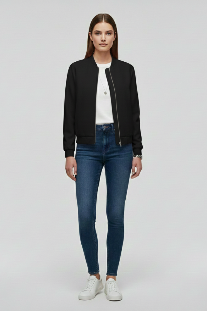 Femme Blouson Bomber Quotidien Zip Devant Ourlet Droit Coupe Décontractée