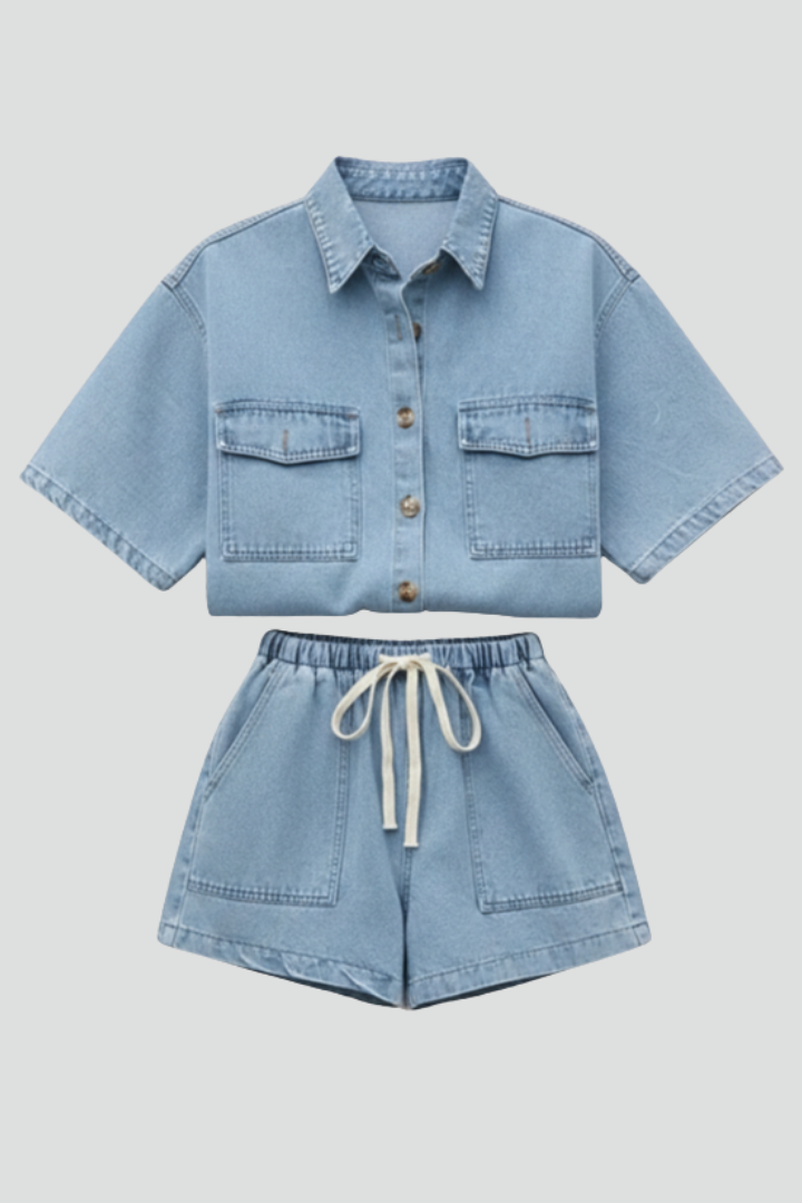 Women's Two-Piece Set with Short-Sleeve Shirt and Shorts
