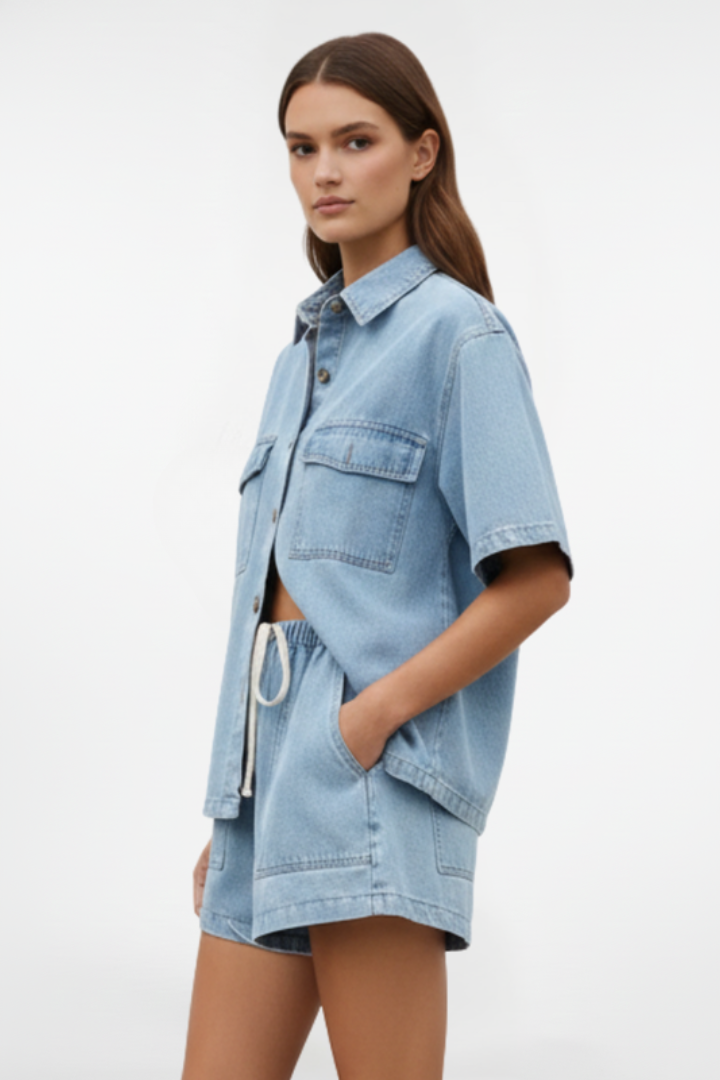 Women's Two-Piece Set with Short-Sleeve Shirt and Shorts