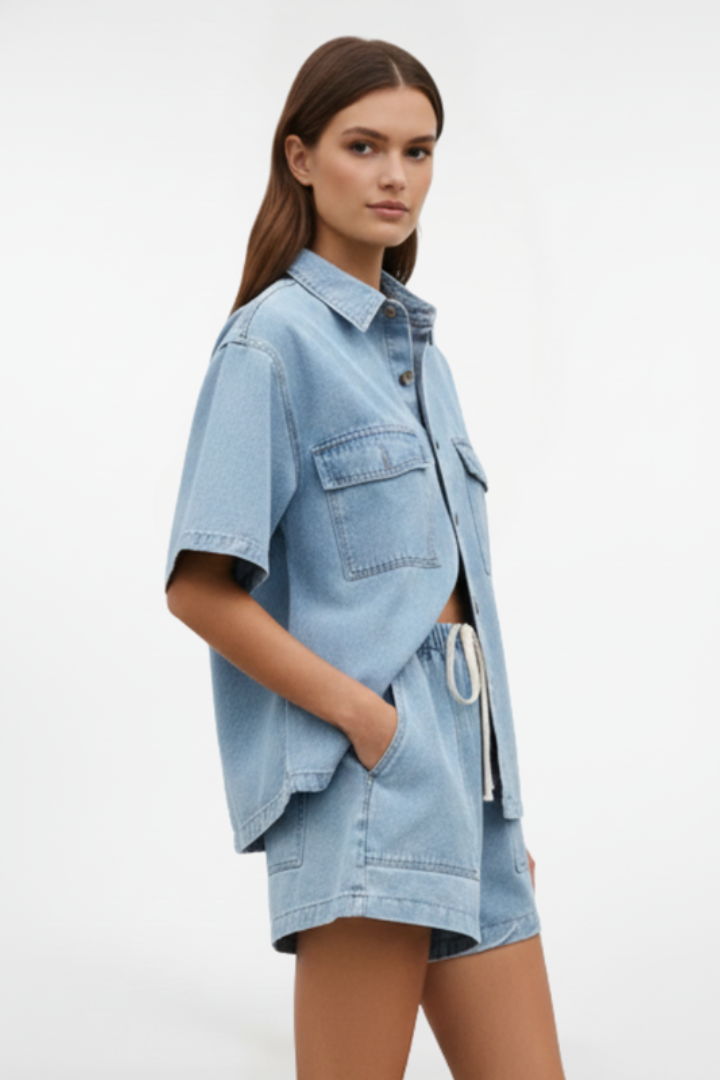 Women's Two-Piece Set with Short-Sleeve Shirt and Shorts
