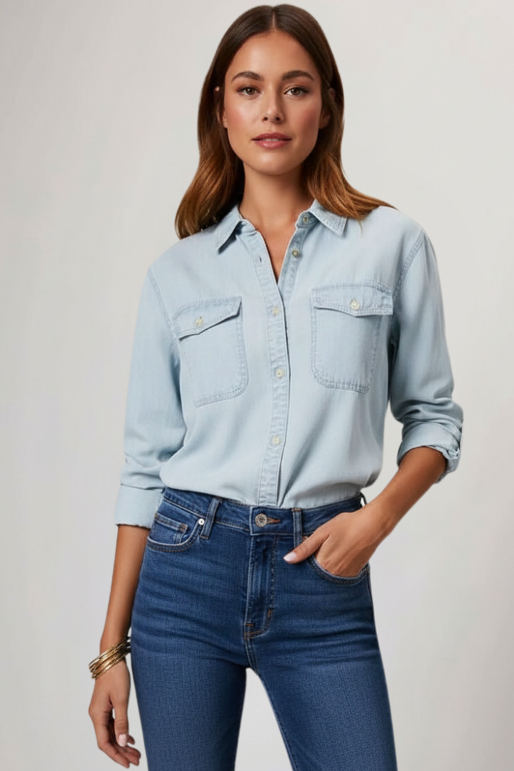 Cămașă Jeans pentru Femei cu Guler Clasic și Buzunare la Piept