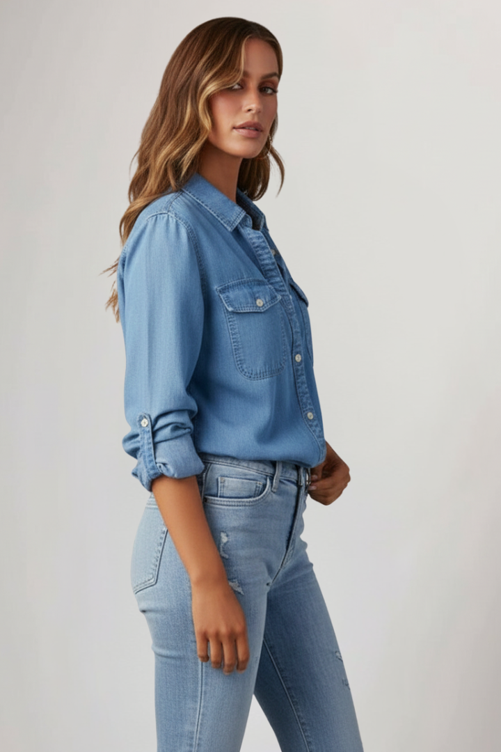 Cămașă Jeans pentru Femei cu Guler Clasic și Buzunare la Piept