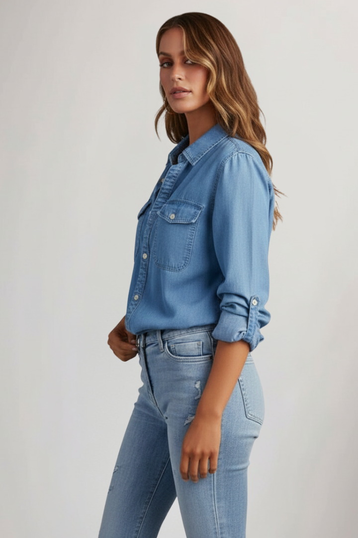 Cămașă Jeans pentru Femei cu Guler Clasic și Buzunare la Piept
