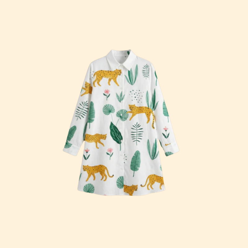 Chemisier Longo de Praia Estampado com Botões e Mangas Longas Capa de Praia