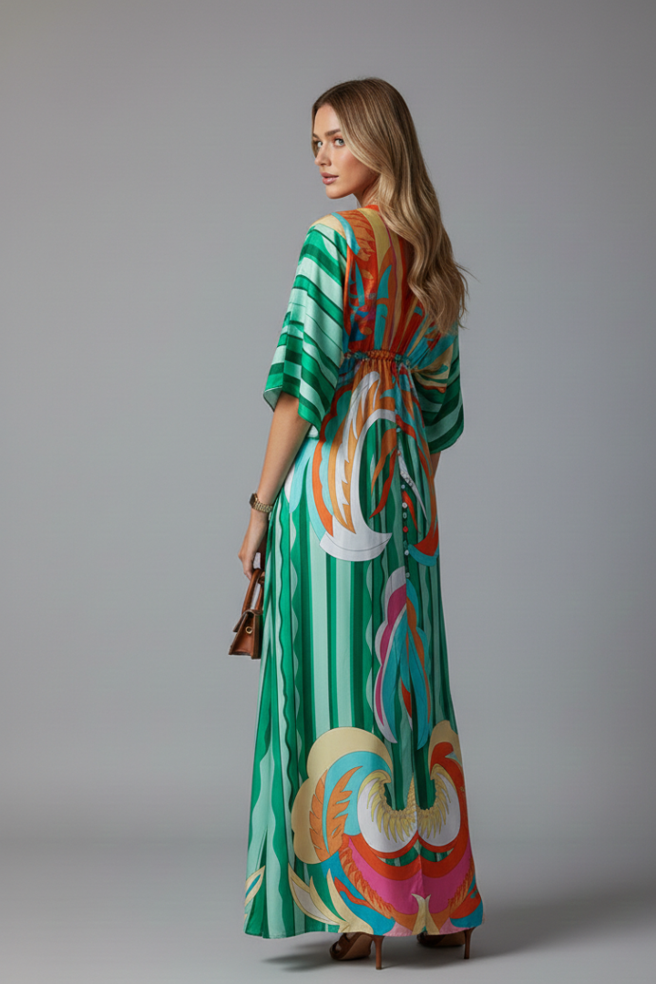 Maxi dress for women | flared printed model with batwing sleeves | beach